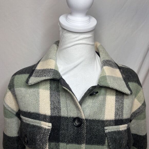 Joie Plaid Wool Flannel Shirt Jacket Comfy Womens Button Up Green Cream Black - Picture 3 of 9